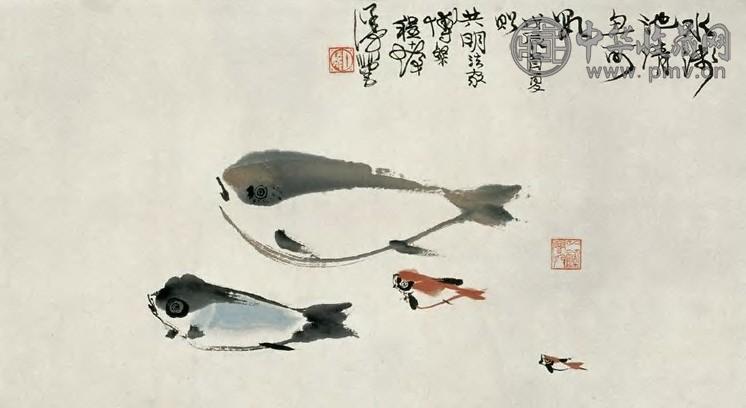 程十发 1988年 游鱼 镜片