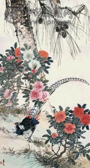 张聿光 1956年作 锦雉富贵 立轴 设色纸本