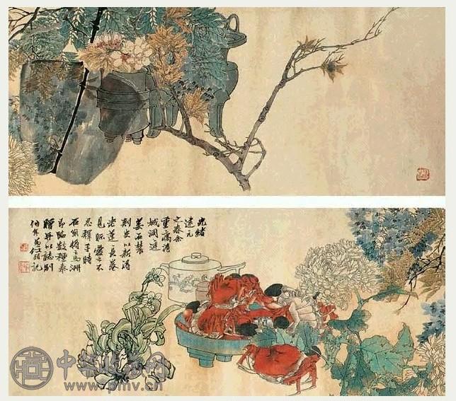 任伯年 1875年 菊艳蟹腴图 手卷 设色绫本