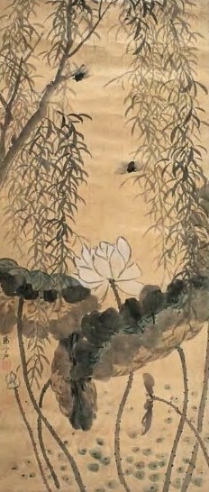 汤禄名 荷柳鸣蝉图 镜心 设色绢本