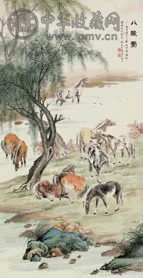 戈湘岚 八骏图 立轴 设色纸本