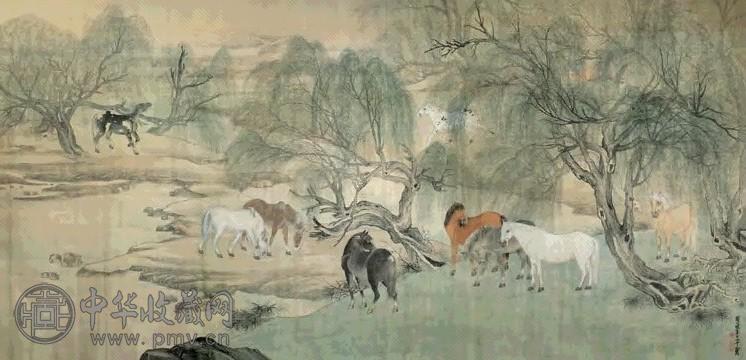 张善孖 1936年 十骏图 横幅 设色绢本