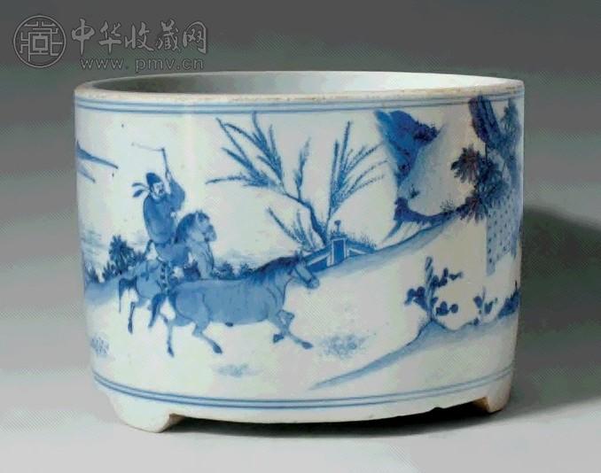 明 崇祯 青花山水人物三足筒式炉