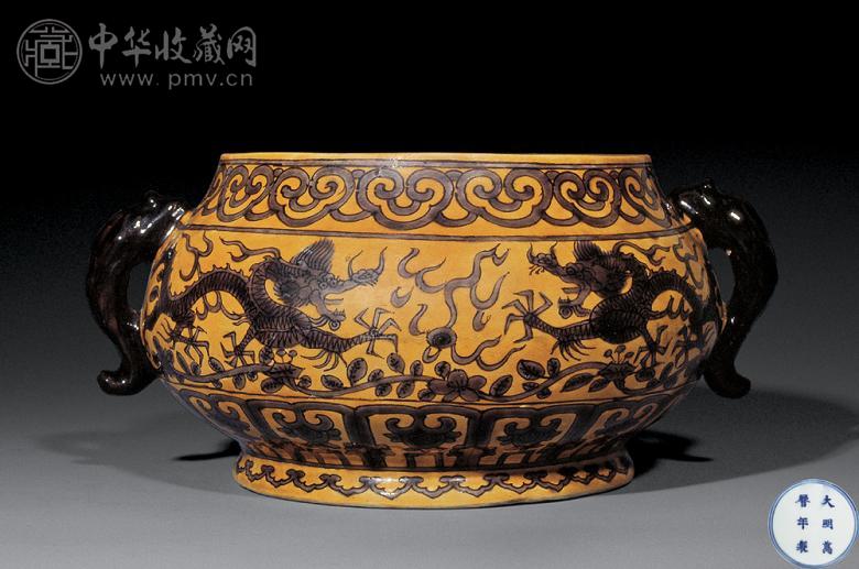 明万历 黄釉紫彩双龙争珠纹双耳炉