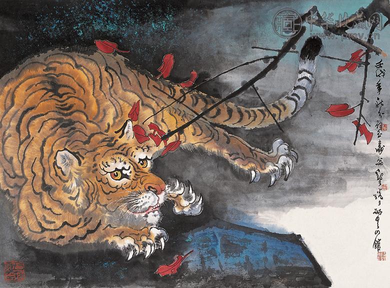 郑乃珖 1982年作 红叶卧虎 镜心 设色纸本