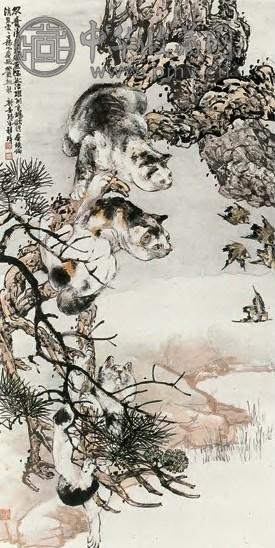 近现代 程璋 松溪猫雀 轴