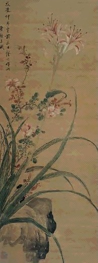 王湘(款) 花卉 立轴 设色绢本