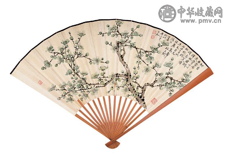 高野侯 高鱼占 1946年作 绿梅图 篆书 成扇 设色纸本