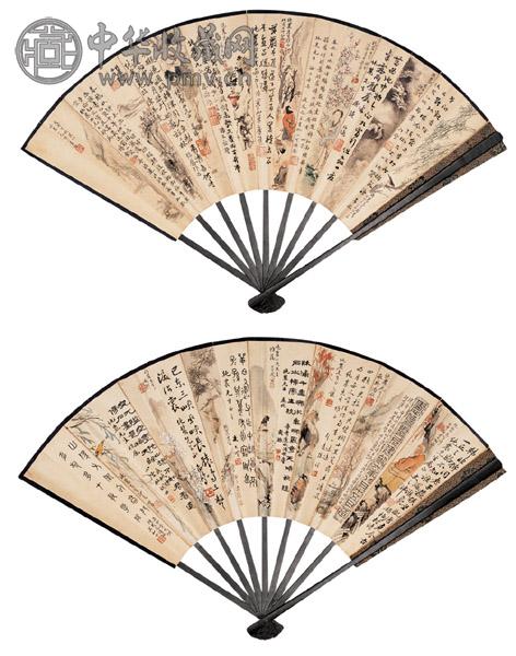 高峻等 1938年作 花鸟人物 成扇 设色纸本