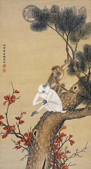 常曾灏 松猴 镜心 设色纸本