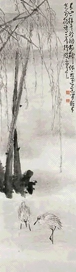 黄慎 柳岸双鹭 立轴 设色纸本