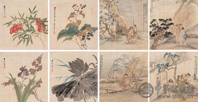 钱慧安 穆倩 花卉 人物双挖 四屏 设色绢本