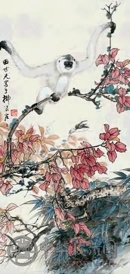 田世光 红叶白猿 立轴 设色纸本