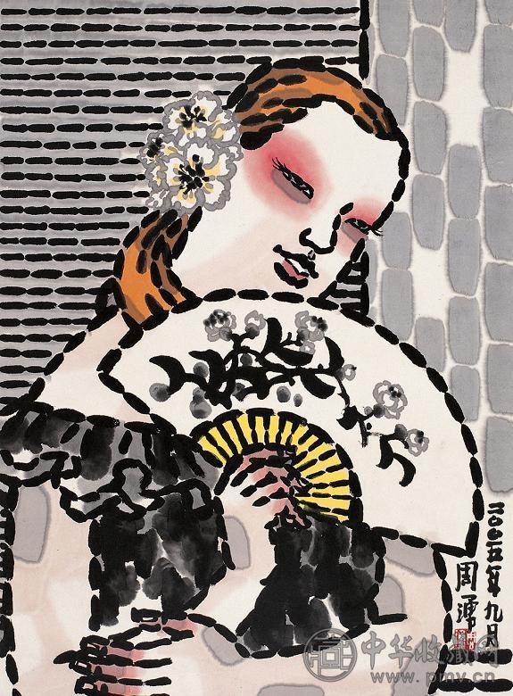 周湧 执扇少女 镜心 设色纸本