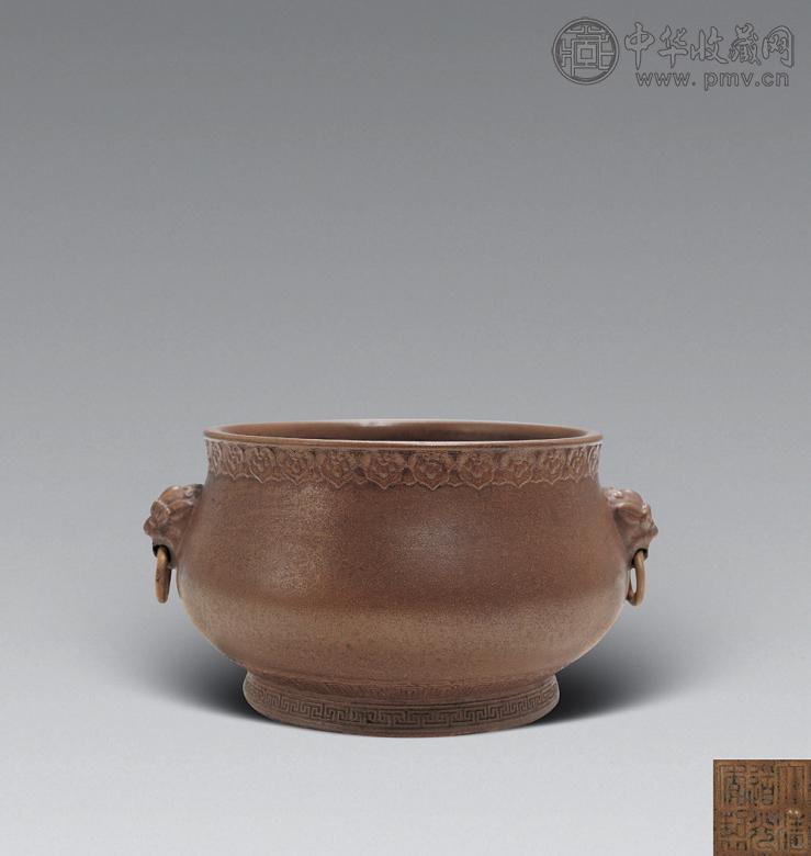 清道光 酱釉贴塑灵芝莲瓣纹双蒲耳香炉