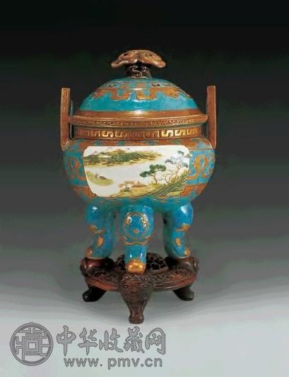 民国 炉钧釉描金开光粉彩山水带盖大炉