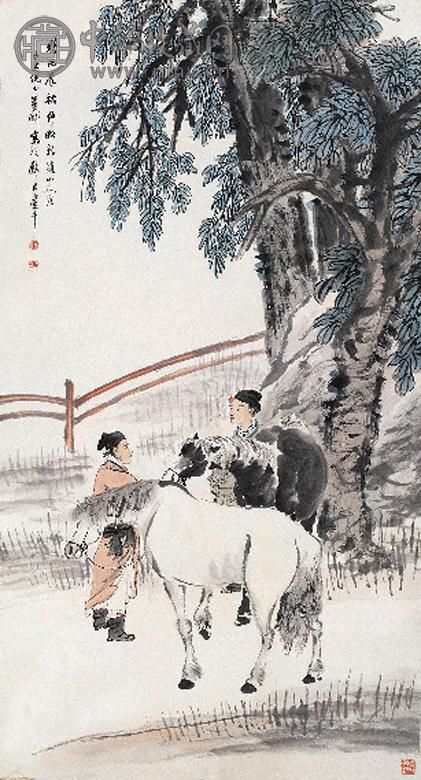 倪田 1916年作 驯马图 镜心 设色纸本