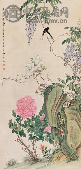 马佳同 甲子(1924年)作 花鸟 立轴 设色绢本