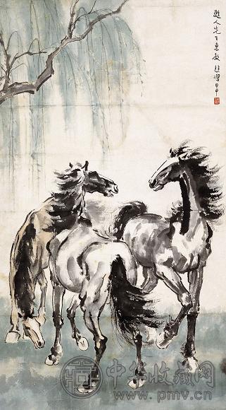 徐悲鸿 1944年 春柳三马图 立轴 设色纸本