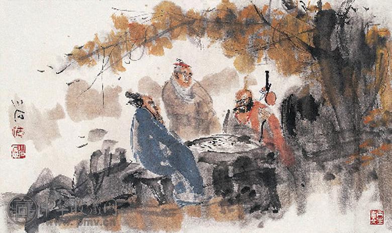 傅小石 对奕图 镜心 设色纸本