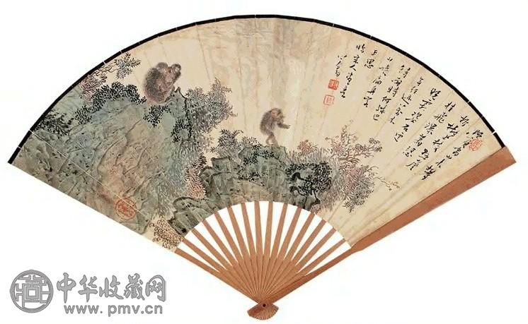 溥心畬 飞岩攀枝图 成扇 设色纸本