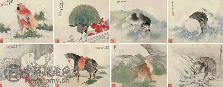 任薰 1874年作 花鸟走兽册册页十六开 设色绢本