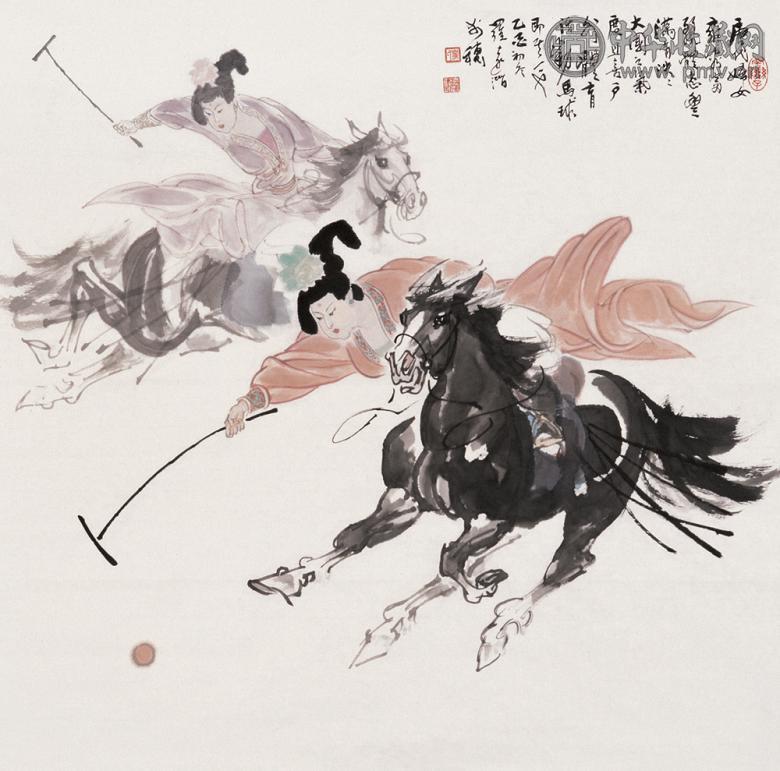 罗远潜 乙酉(2005年)作 唐女马球图 镜心 设色纸本
