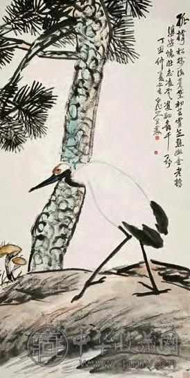 王震 1937年作 松鹤延年图 立轴 纸本、设色