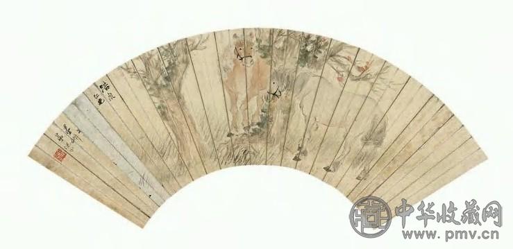 倪田 双马 扇面 设色纸本