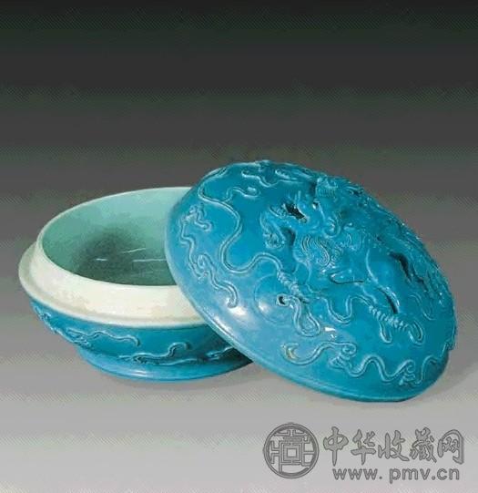 民国 兰釉雕瓷双狮印盒