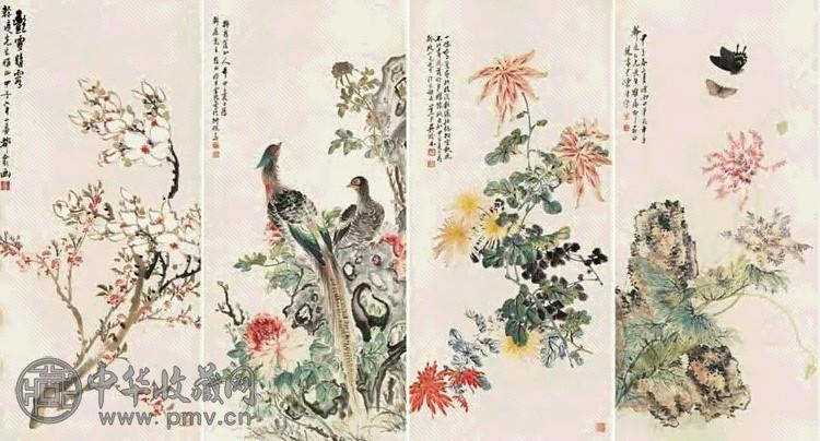 陈康侯 吴笠仙 等 1924年作 花鸟 四屏 设色纸本