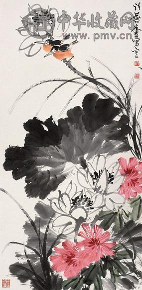 许麟庐 荷花翠鸟 立轴 纸本