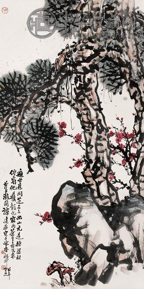 谭建丞 1989年作 松梅延年图 立轴 设色纸本