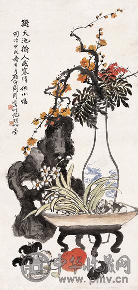 周闲 1874年作 岁寒清供图 立轴 设色纸本