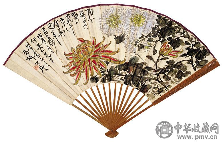 谢公展 陈脩榆 延年益寿图 行草 成扇 设色纸本