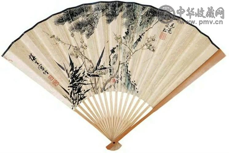 王雪涛等 岁寒三友 成扇 设色纸本