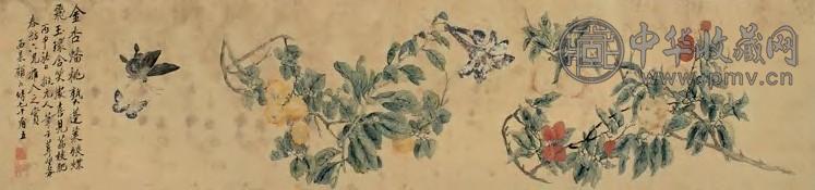 清 顾洛 蟠桃蝶飞图 横幅