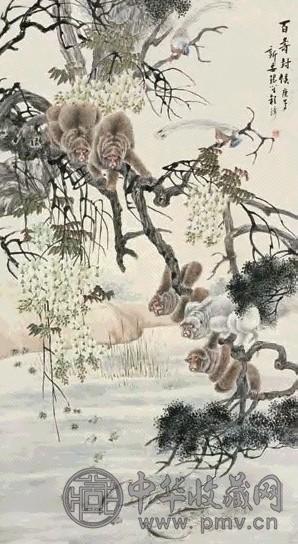 程璋 1930年作 百寿封侯图 轴 纸本设色