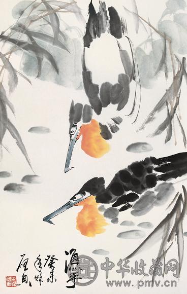 乍启典 2003年作 渔鹰 立轴 设色纸本