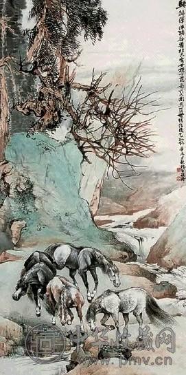 程璋 四骏图 立轴 设色纸本