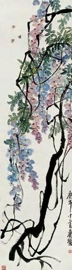 齐白石 庚午(1930年)作 紫藤蜜峰 立轴 设色纸本