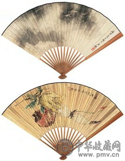 房毅 墨龙图、蔬果图 扇面 设色纸本