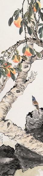 江寒汀 桃熟鸣禽图 立轴 纸本