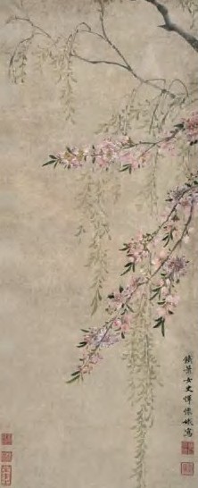 恽怀娥 柳桃春色图 立轴 设色纸本