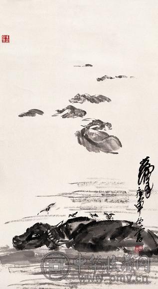 黄胄 1980年 老牛戏水 镜心 水墨纸本