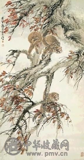 近代 程璋 秋叶猿戏图 轴