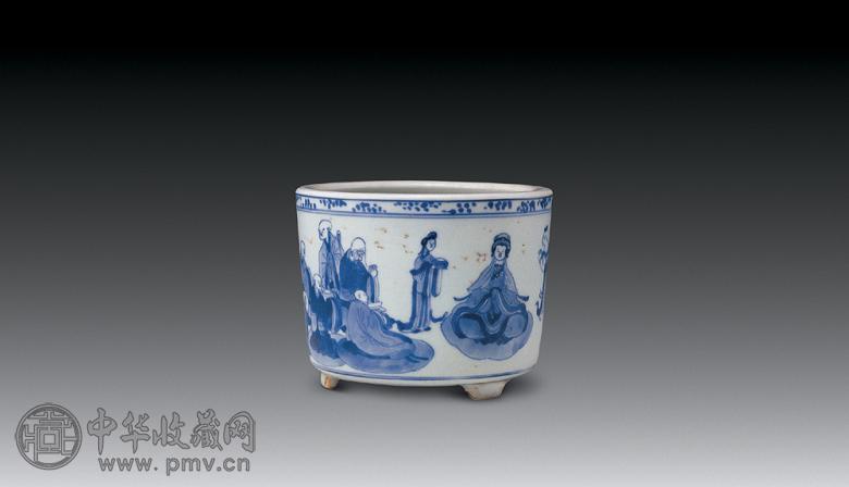 清康熙 青花十八罗汉听经图三足炉