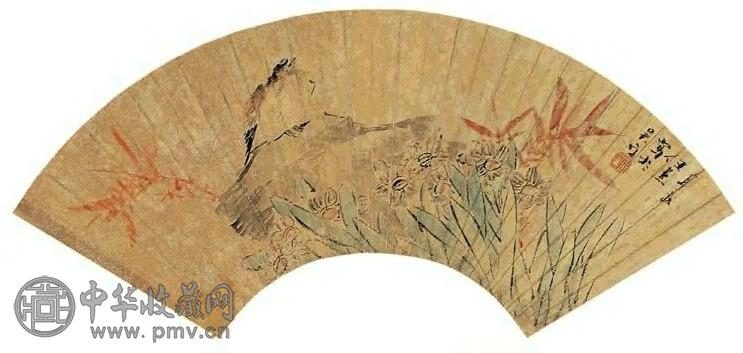 任薰 花鸟 扇面 设色金笺