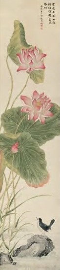 敬之 荷花小鸟 立轴 设色纸本
