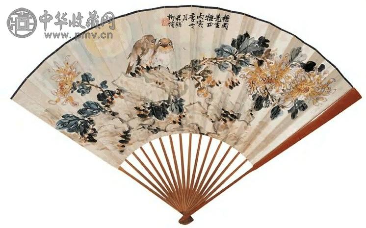 柳君然 戚饭牛 月影双侣图 行书 成扇 设色纸本